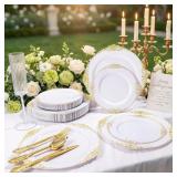 200 PC WHITE & GOLD PLASTIC PLATES