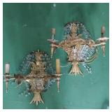 PAIR HARDWIRED CRYSTAL & BRASS SCONCES