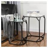 PAIR NESTING BLACK METAL GLASS TOP ACCENT TABLES