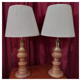 PAIR WOOD & BRASS LAMPS