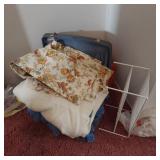 VINTAGE SUITCASE W/ DRAPES & AFGHAN