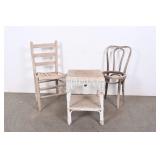 Vintage Wicker Side Table & Wooden Chairs