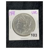 1891 UNC Morgan Silver Dollar Coin