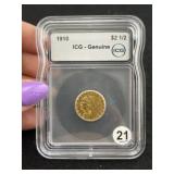 1910 ICG - Genuine $2 & 1/2 Dollar Gold Coin