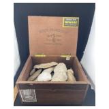 Wooden Cigar Box full of Blades, Arrowheads, Scrap