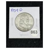 1954 D Franklin Half Dollar Silver Coin