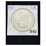1921 UNC Morgan Silver Dollar Coin