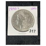 1890 S UNC Morgan Silver Dollar Coin