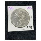 1891 UNC Morgan Silver Dollar Coin