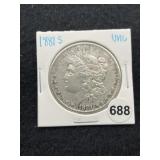 1881 S UNC Morgan Silver Dollar Coin