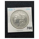 1881 S UNC Morgan Silver Dollar Coin