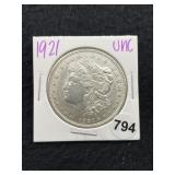 1921 UNC Morgan Silver Dollar Coin