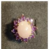 14k Yellow Gold Cabochon Lavender Jade, Amethyst