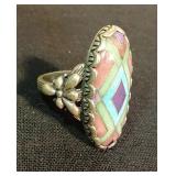 Sterling Turquoise & Coral Inlay Indian Ring