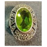 Sterling Ring w/ Marcasites around Lg Green Stone