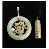 14k 585 Gold & Green Apple Jade Dragon Pendants