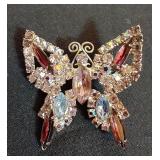 Vintage Pink Blue Rhinestone Butterfly Brooch