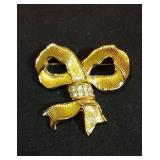 Ribbon Brooch with Clear Rhinestones
