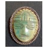 Mexican Silver Carved Jadite 2-1/4" Brooch