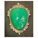 Mexican Sterling Green Carved Malachite Tribal