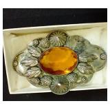 Vintage Italy Silver Citrine Glass Brooch