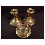 Sterling rimmed coaster, pr weighted candlesticks