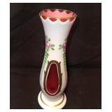 Czech cased white over cranberry vase w/hand paint