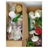 2 boxes plastic planters, glass vases