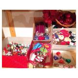 Group of asst XMas Ornaments, Ribbons, More