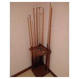 6 Wood Cues, 1 Aluminum Cue, 1 Bridge w/Stand
