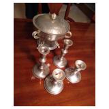 Group of Pewter Candlesticks & Serving Dish