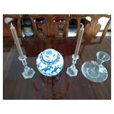 Eisch Vase, Pr Crystal Candlesticks, Ginger Jar