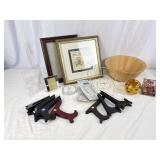 Wooden Bowl, Picture Frames, Plate Hooks, & S