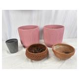 Pair Of  Pink Planting Pots And Grey Planting Pot
