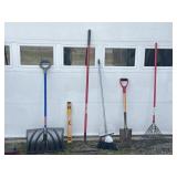 Shovels, Rakes, Brooms, And Level.