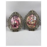Pair Of Vintage Italian Brass Framed Floral Prints