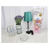 2 Small Table Lamps & 2 Faux Potted Plants