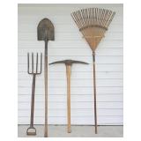 Pick Ax, Shovel, Fork, Rake