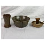 Stoneware Pottery Candle Stick, Bowl, & Vase.