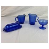 Cobalt Blue Glass Butter Dish, Creamers, & Cup.