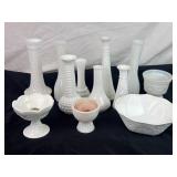 Milk Glass Bowls, Candlesticks, & Vases.