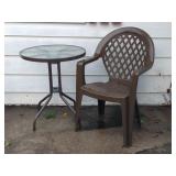 23" Glass Top Patio Table & Plastic Outdoor Chair