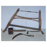 Primitives-Buck Saw, Draw Knife,  Wood Hammer