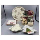 Snowmen Cookie Jar & Christmas Plates
