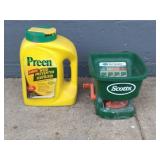 Scotts Hand Spreader & 3/4 Full Container Preen
