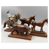 Vintage Wood Carved Horses & Bull Figurines