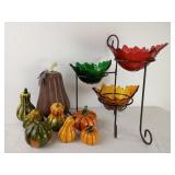 Ceramic Gourds & Metal Stand w/ Glass Leaf Bowls