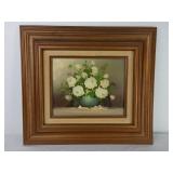 Framed White Floral Oil on Canvas signed R. Thomas