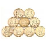 9pc 1951-63 Ben Franklin Half Dollar Coins