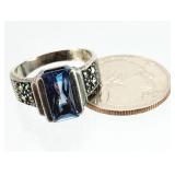 Sterling Silver Blue Topaz Marcasite Ring 6.23g